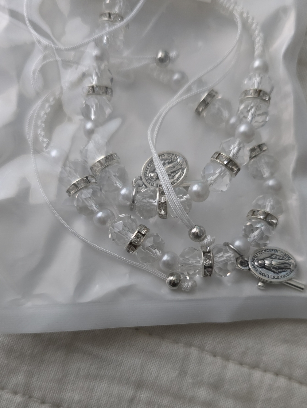White Beaded Rosary Bracelets with Clear Crystal Accents. Unisex